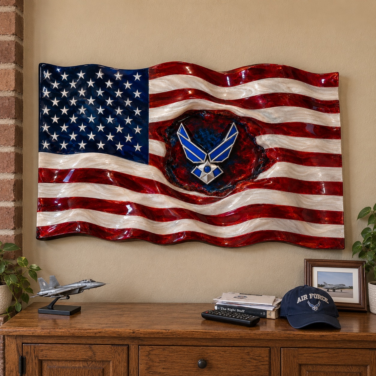 Air Force flag displayed above a wooden cabinet