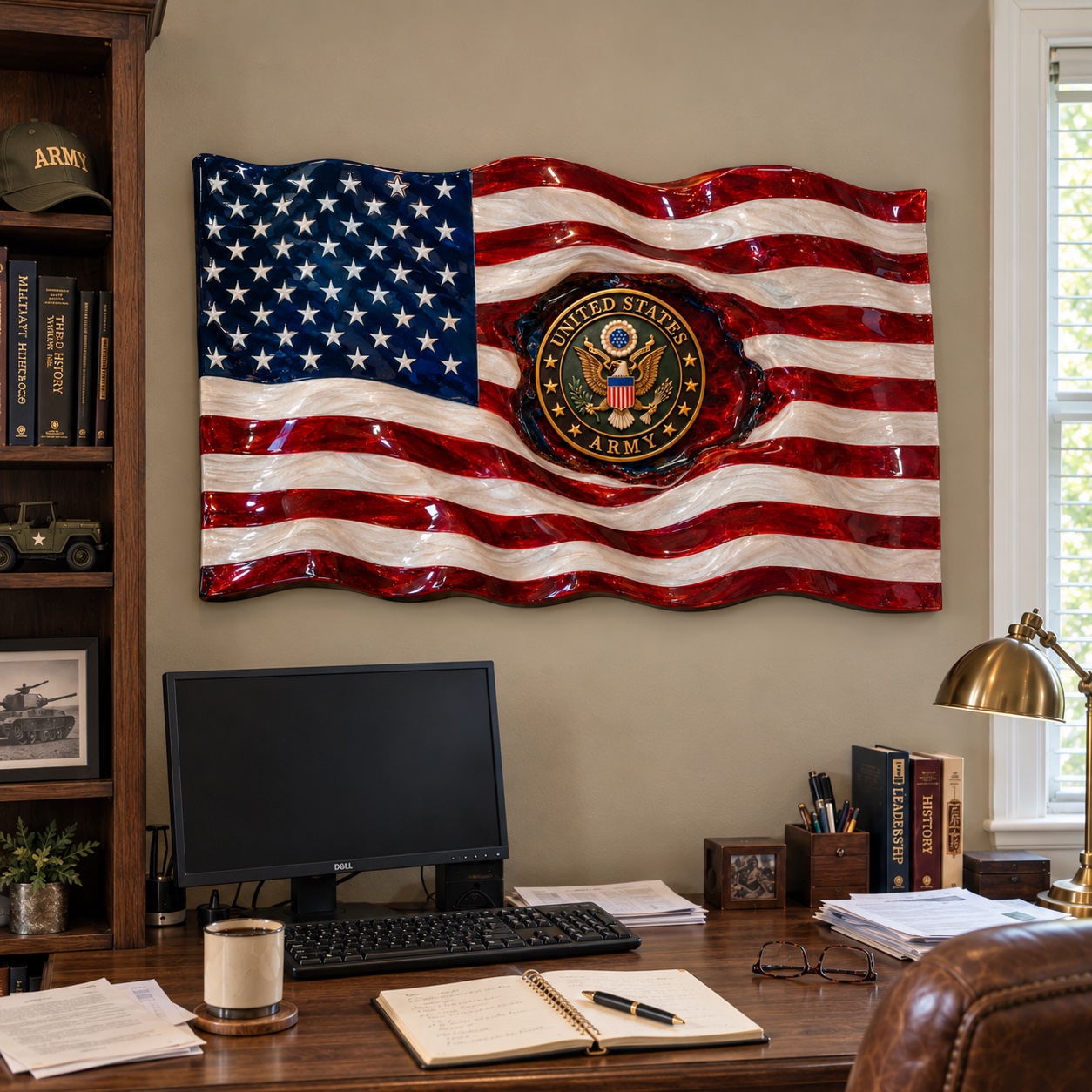 Army flag displayed above a home-office desk