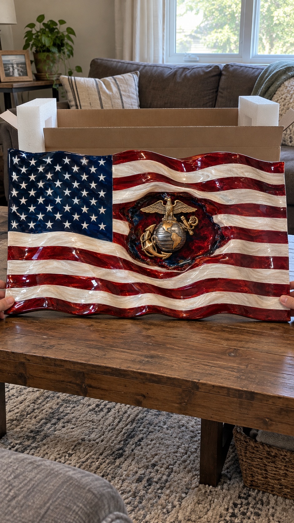 Marine Corps flag being unpacked in a living room