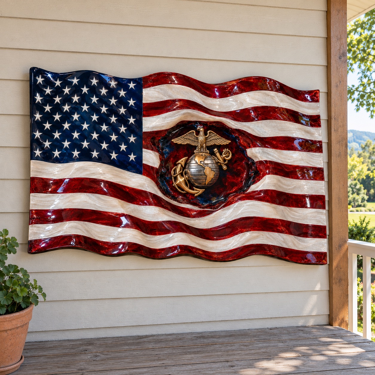Marine Corps American flag wall art displayed on a porch